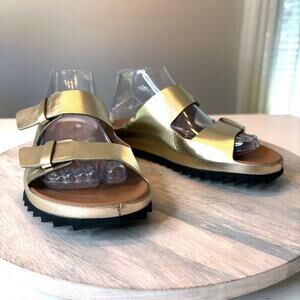Officine Creative Gold Leather Double Buckle Slide Sandals Italy EU 39.5 US 9.5